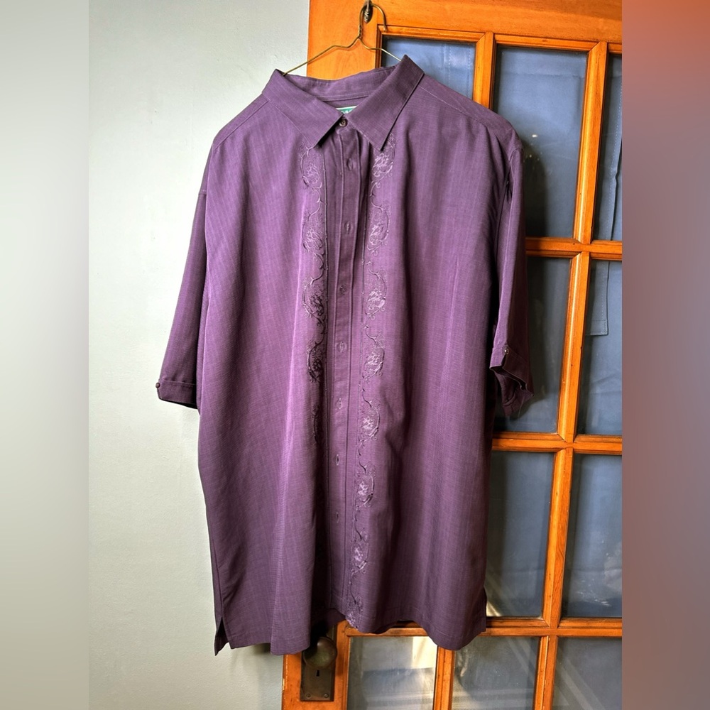 CUBAVERA Vintage Purple Embroidered Front Button-Up Short Sleeve Shirt 3XLT